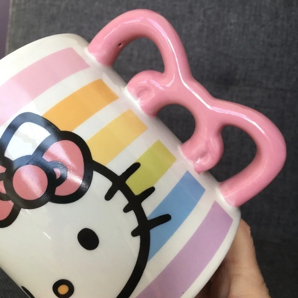 Hello Kitty Pastel Stripe, Bow Handle Coffee Mug, White, Pink, 20 oz
